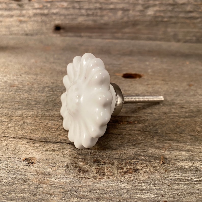 Pu&ograve; includere: Pomello per armadio a forma di margherita in ceramica bianca con vite color argento. Il pomello ha una finitura lucida ed &egrave; posto su una superficie di legno stagionato. Questo hardware decorativo &egrave; adatto per cassetti e armadi.