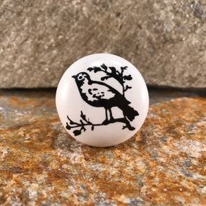 Ceramic Knob, Round Drawer Pull, Decorative Country Knob Bird on Branch, Chrome Apron, Black & White, KNOB27