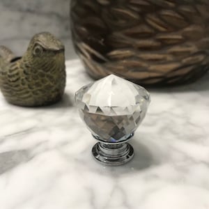 Glass Knob, Crystal Drawer Knob, Faceted Knobs with Chrome Apron, Diamond Shape Old Fashioned Furniture Pull, Cabinet Replacement Knobs