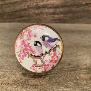 Ceramic Knob, Hand Painted Dresser Drawer Knob, Furniture Cabinet Knobs, Drawer Pull, Flower Bird Design, Unique Ceramic Knob with Gold Trim