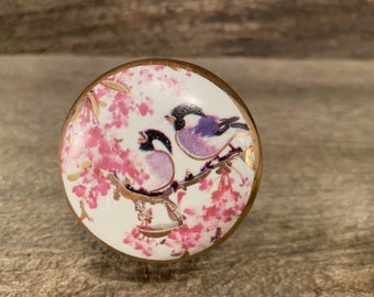 Ceramic Knob, Hand Painted Dresser Drawer Knob, Furniture Cabinet Knobs, Drawer Pull, Flower Bird Design, Unique Ceramic Knob with Gold Trim