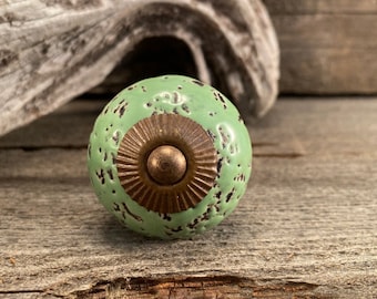 Ceramic Knob, Country Style Green Knob, Farmhouse Hardware, Bronze Fixtures with Green Glazed Irregular Bronze Spotted Knob, Dresser Knob