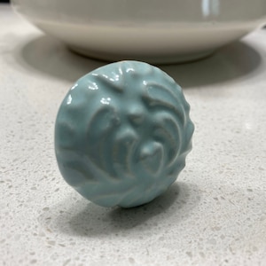 May include: A light blue ceramic knob with a swirl design.