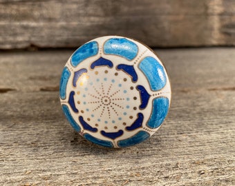 Ceramic Knob, Hand Painted Dresser Drawer Knob, Furniture Cabinet Knobs, Drawer Pull with Flower Design,Unique Ceramic Knob with Blue & Gold