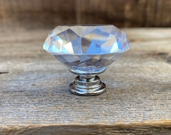Crystal Faceted Glass Knob with Chrome Apron, Furniture Pull