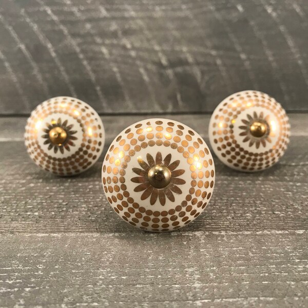 Ceramic Knob, Round Ceramic Knob, Gold & White Knob, Gold Apron and Shaft, Dresser Drawer Pull, Cabinet Supply Pulls, Dresser Drawer Pulls
