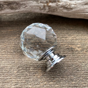 Glass Crystal Knob, Glass Faceted Knob, Chrome Neck, Old Fashioned Decorative Furniture Pull, Dresser Drawer Knob