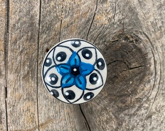 Blue & White Poppy Ceramic Knob, Ceramic Pull, Decorative Drawer Pull, Furniture Upgrade Cabinet KNOB 704