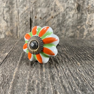 May include: A white ceramic knob with a flower design. The flower has orange and green petals and a brass center.