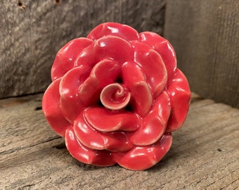 Red Ceramic Rose Knob, Large Flower Drawer Pull
