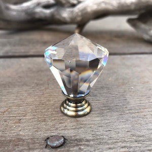 Glass Knob, Crystal Faceted Knob, Antique Brass, Crystal Diamond Shape Glass Knob, Dresser Drawer Knob, Single Crystal Knob