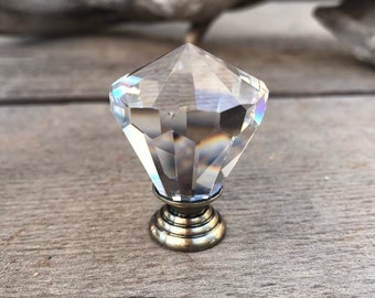 Crystal Diamond Glass Knob, Antique Brass Dresser Drawer Pull
