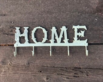 Wall Hook, Cast Iron Wall Hook "HOME", Rustic Farmhouse 4 Coat Hooks, Off White Hand Painted Metal Hook