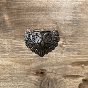 May include: A metal owl-shaped drawer pull with intricate details. The owl has large, round eyes and a detailed wing design.