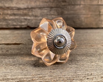 Glass Knob, Flower Shaped Glass Knob, Amber (Peach) Color Knob with Chrome Apron, Dresser Drawer Knob, Cabinet Knob,