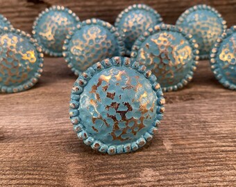 Hand Painted Cast Iron Knob, French Teal Gold Rustic Finish Home Improvement Hardware