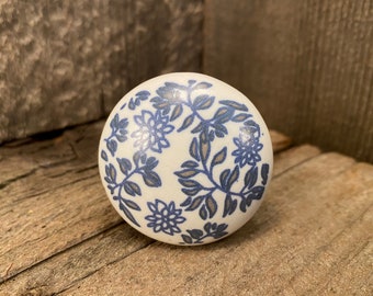 Ceramic Knob, Round Drawer Pull, Furniture Replacements Knobs and Pulls, Cobalt Blue Flower Design