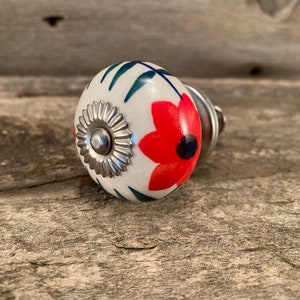 Floral Ceramic Knob, Red and Green, Chrome Hardware