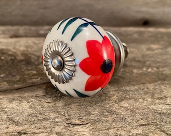 Bouton floral en céramique, Rouge et vert, Quincaillerie chromée