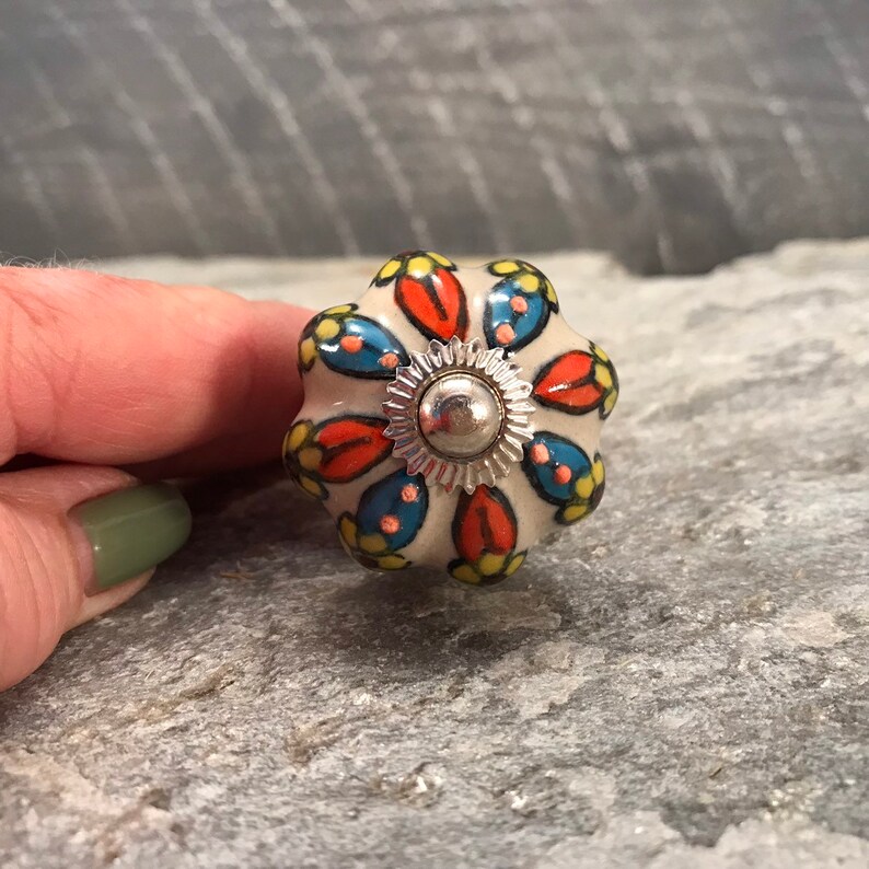 Ceramic Knob Hand Painted Drawer Pull Decorative Country Round Knob Furniture Replacements Knob Pulls Flower Design with Chrome Apron