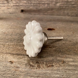 Pu&ograve; includere: Pomello per armadio a forma di margherita in ceramica bianca con vite color argento. Il pomello ha una finitura lucida ed &egrave; posto su una superficie di legno stagionato. Questo hardware decorativo &egrave; adatto per cassetti e armadi.