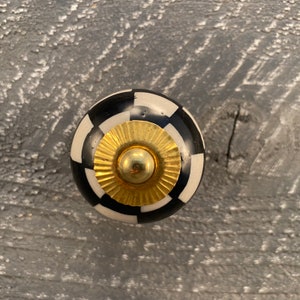 Ceramic Knob Modern Round Checker Board Design Black and White with Gold Hardware, Dresser Knob, Cabinet Pull