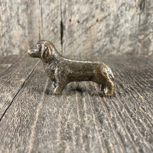 Può includere: Piccola statuetta di cane color bronzo. Il cane è in posizione eretta, con la testa leggermente sollevata. La statuetta ha una superficie strutturata ed è posta su uno sfondo di legno invecchiato. Il cane sembra un Labrador o razza simile.