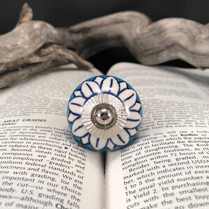 May include: A blue and white ceramic knob with a silver center. The knob has a floral design with a white background and blue accents.