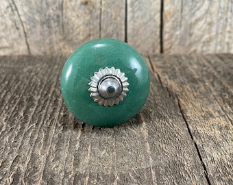 Green Ceramic Knob with Chrome Hardware, Drawer Pull