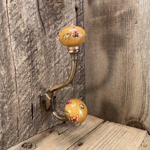 May include: Double coat hook with a brass finish and two decorative knobs. The knobs are tan with a floral design in red, white, and green. The hook is mounted on a wooden surface.