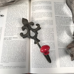 Vintage Cast Iron Fleur Di Lis Hook, Red Ceramic Knob