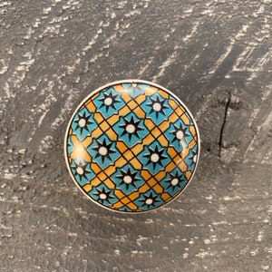 Turquoise Flower Motif Ceramic Dresser Knob, Dresser Knob, Cabinet Pull