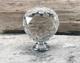 Crystal Drawer Knob, Crystal Glass Faceted Knob, Chrome Base, Old Fashioned Decorative Furniture Pull, Cabinet Replacement Hardware Knobs