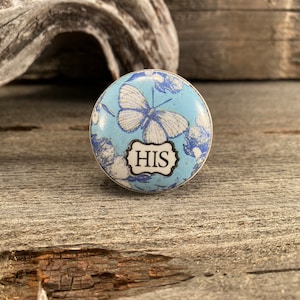 CLEARANCE Ceramic Knob, Round Drawer Pull, Decorative Country Knob, Chrome Apron, HIS Blue with Black & White Butterfly Knob