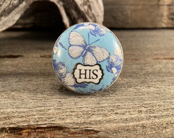 CLEARANCE Ceramic Knob, Round Drawer Pull, Decorative Country Knob, Chrome Apron, HIS Blue with Black & White Butterfly Knob