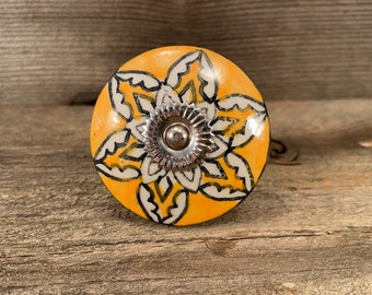 Large Ceramic Knob, Decorative Drawer Pulls, 2.25 x 2.25 Inch Furniture Upgrade Cabinet Ornate Round Knob, Yellow Large Knob