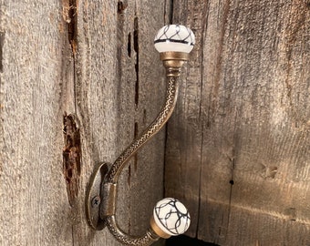 Wandhaken aus Gusseisen, schwarzweißer Keramikknopf, Vintage-Handtuchhalter, Geldbörse, Handtuchhalter für Heimwerker