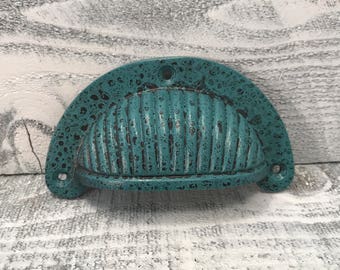 Cast Iron Cup Handle, Drawer Pull, Hand Painted Vintage Teal & Black, Drawer Pull, Cabinet Finger Pull,  Patina Metal Finger Pull