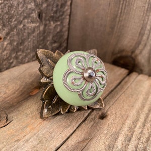 Ceramic Knob Vintage Style Green with Bronze Apron Silver Accents, Large Decorative Furniture Pull
