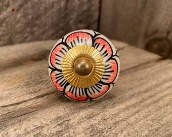 Ceramic Knob, Tomato Knobs with Gold Hardware, Drawer Upgrade Knob, Flower Design, Ceramic Pull