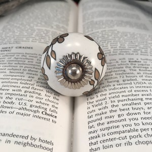 Könnte beinhalten: Ein weißer Keramik-Knopf mit einem silbernen Metallkern und einem braunen Blumenmuster. Der Knopf liegt auf einem geöffneten Buch.