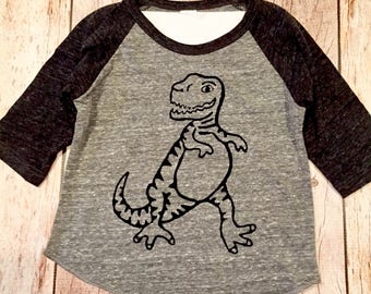 Dinosaur boys tshirt monster outfit kids charcoal and grey sports raglan black ink screen printed toddler shirt children top lizard jungle