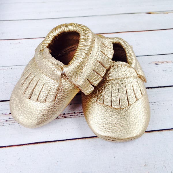 crib Mocs, Gold leather infant, Moccasin shoes, fringe mocs, baby's 1st Birthday, Infant slippers, 1 year outfit , one, milestone stickers