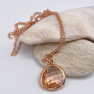 Peach Teardrop Rose Gold Filled Necklace | Champagne Colored Glass Pendant Rose Gold Necklace| Champagne Pendant Necklace | Gift for Her
