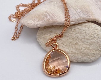 Peach Teardrop Rose Gold Filled Necklace | Champagne Colored Glass Pendant Rose Gold Necklace| Champagne Pendant Necklace | Gift for Her