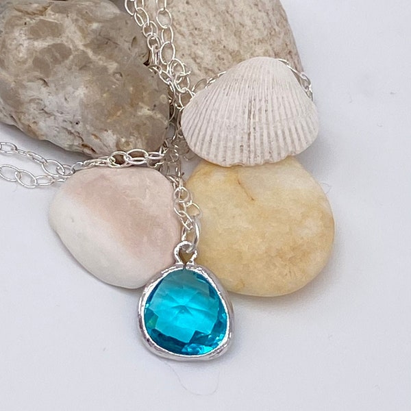 Blue Zircon Teardrop Sterling Silver Necklace | Blue Zircon Glass Pendant Sterling Silver Necklace | December Birthstone | Gift for Her