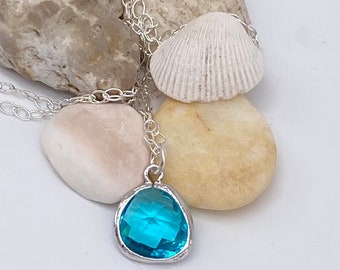 Blue Zircon Teardrop Sterling Silver Necklace | Blue Zircon Glass Pendant Sterling Silver Necklace | December Birthstone | Gift for Her