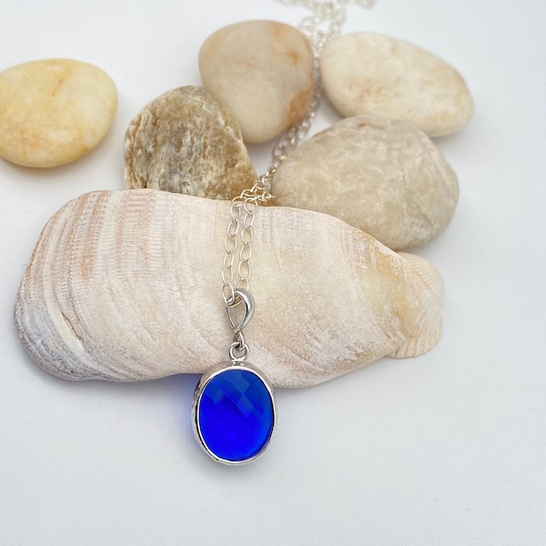 Cobalt Blue Round Pendant Sterling Silver Necklace | Blue Pendant Silver Necklace | Blue Pendant | Gift for Bridesmaid | Gift for Her