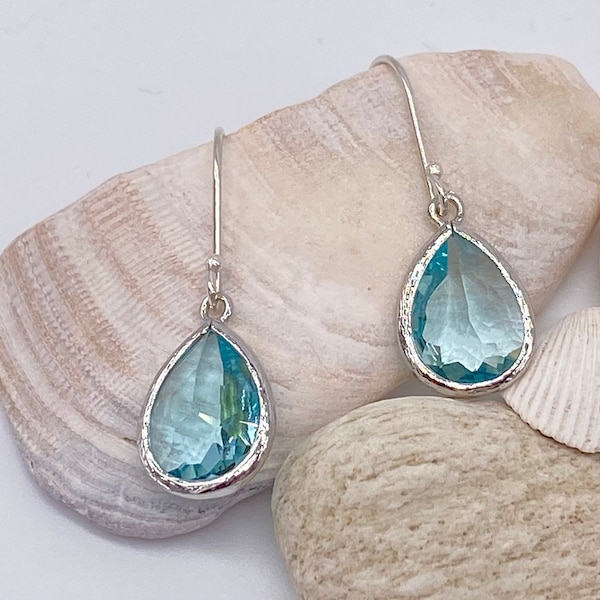 Aquamarine Pendant Earrings | Aquamarine Sterling Silver Teardrop Earrings | March Birthstone earrings | Gift for Bridesmaid | Gift for Her