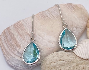 Aquamarine Pendant Earrings | Aquamarine Sterling Silver Teardrop Earrings | March Birthstone earrings | Gift for Bridesmaid | Gift for Her